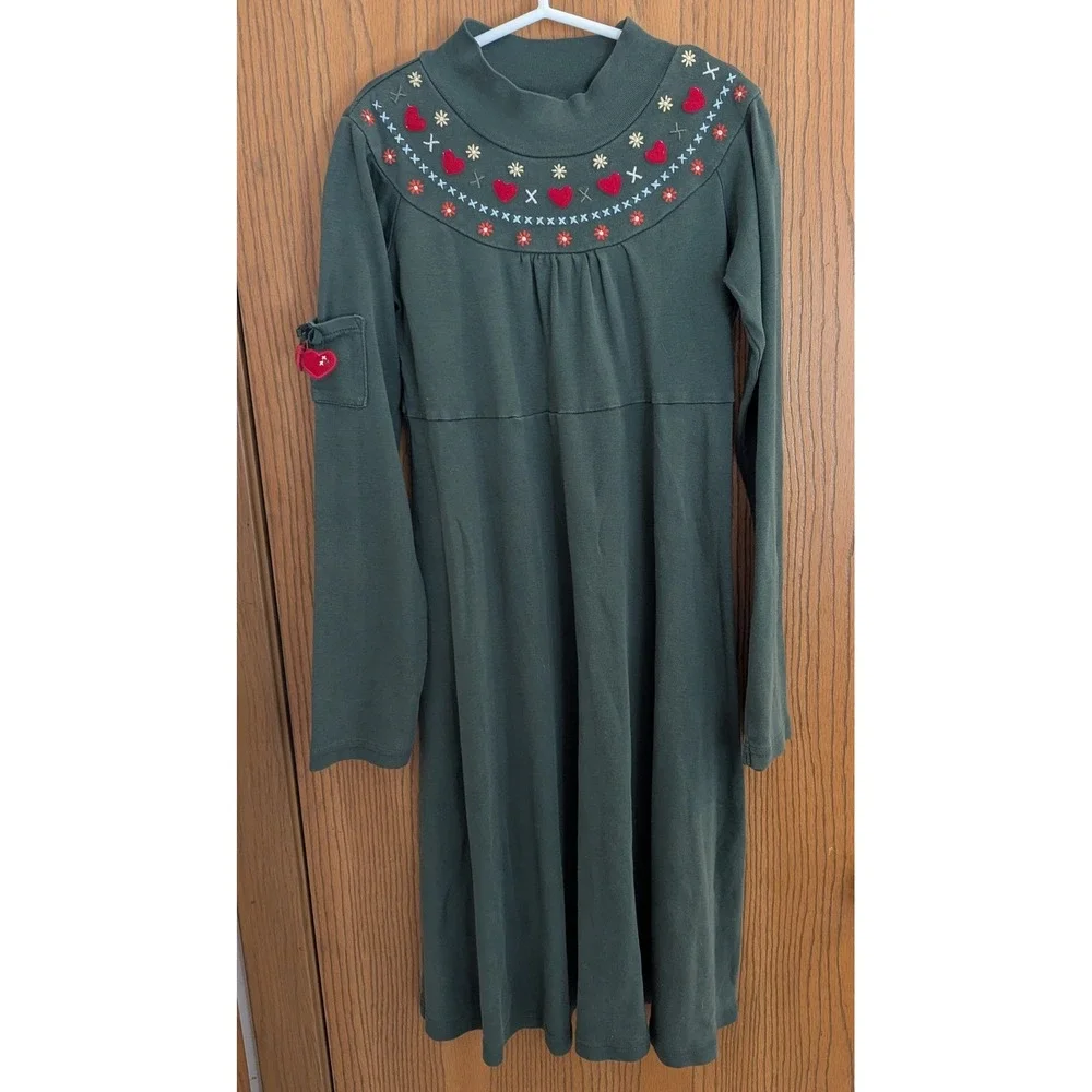 Gymboree Forest Green Cotton Knit Heart Embroidered Long Sleeve Holiday Dress 12